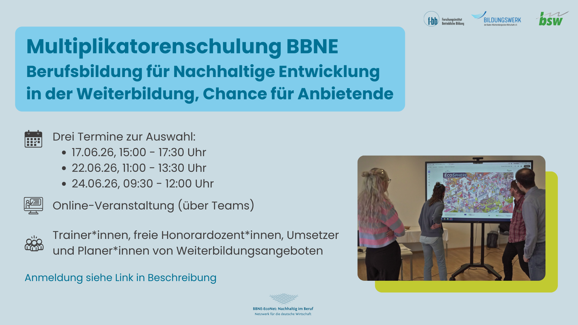 Multiplikatorenschulung BBNE II: Berufsbildung für Nachhaltige Entwicklung in der Weiterbildung, Chance für Anbietende