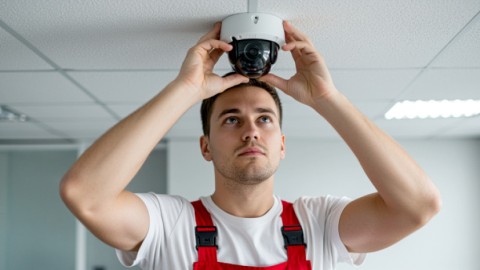 Junger Mann installiert Kamera an Bürodecke