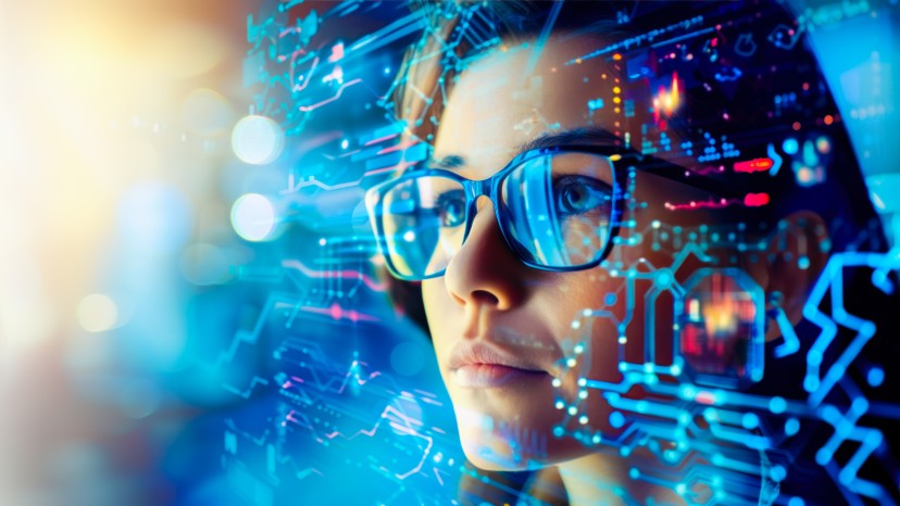 Gesicht einer Frau verwoben mit Datenströmen