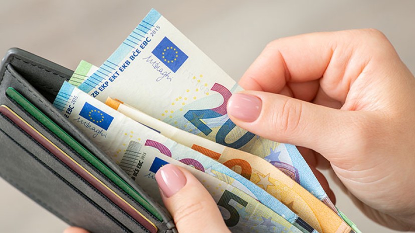 Hand hält Portemonnaie mit Geldscheinen