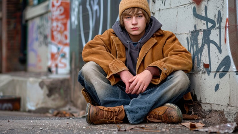 Jugendlicher sitzt auf einem Bürgersteig