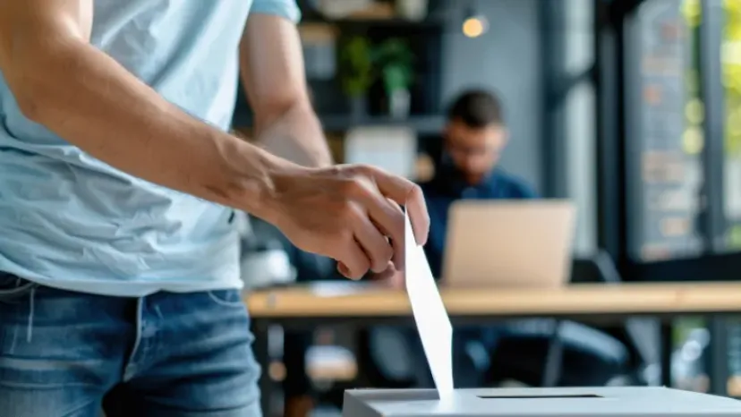 Person steckt eine Karte in eine Box