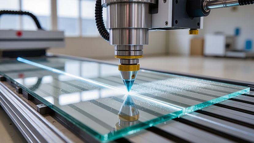 Automatische Glasschneidemaschine schneidet durch eine Glasplatte