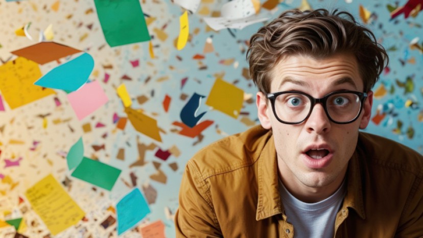 Junger Mann vor buntem Hintergrund, durch den Papier fliegt