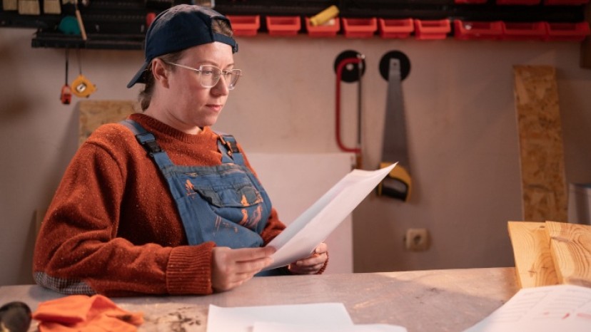 Frau in Werkstatt an Tisch sitzend. Sie blickt auf ein Blatt Papier.