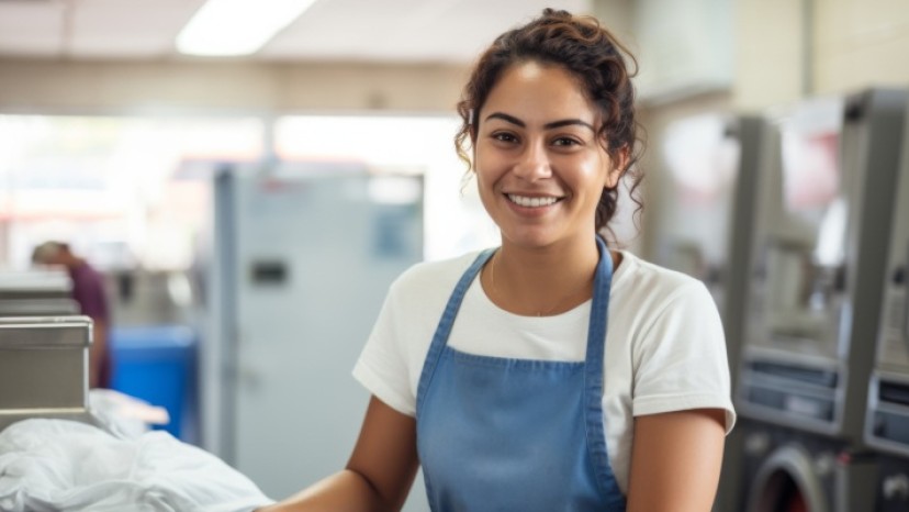 Frau lächelnd in Arbeitskleidung vor Industriewaschmaschine