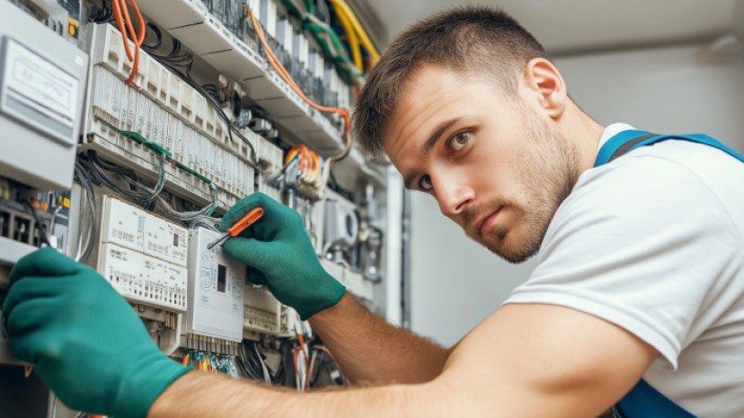 Junger Mann bei Arbeit an Schaltkasten