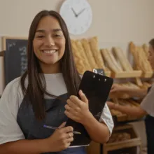 Junge Frau lächelnd in Bäckerei
