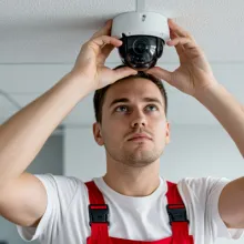 Mann installiert Kamera an der Decke