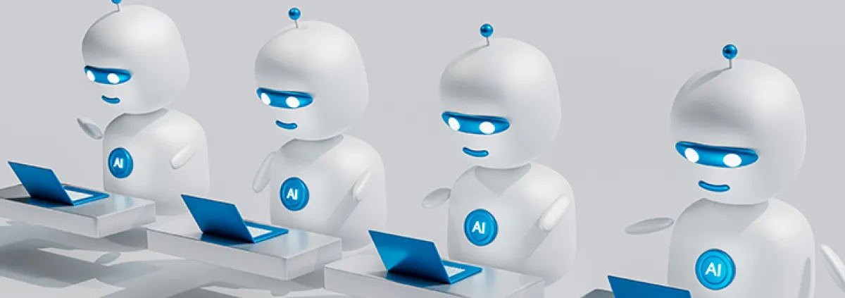 Roboter in Reihe vor Laptops