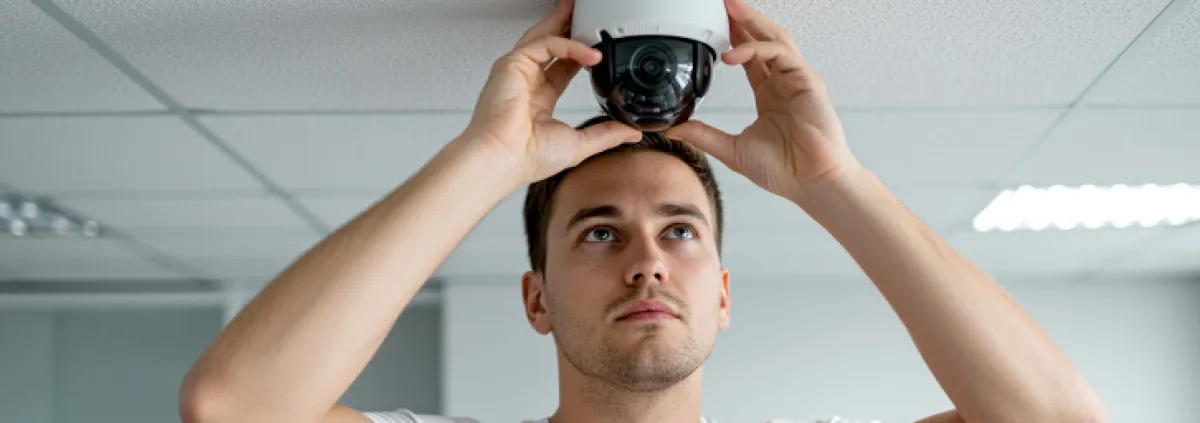 Mann installiert Kamera an der Decke
