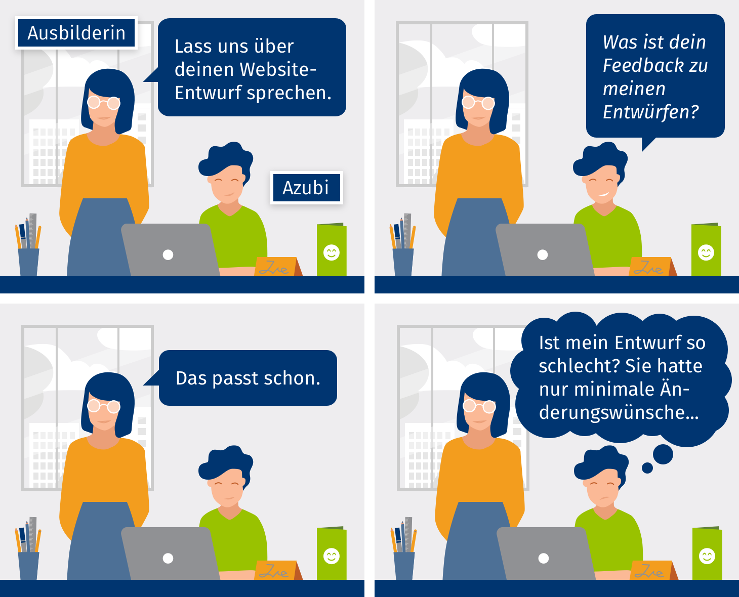 Comic zu Feedback-Situation in Ausbildungsbetrieb