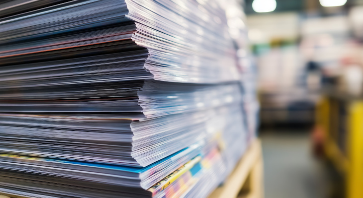 Stapel Printprodukte in Druckerei