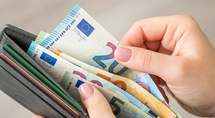 Hand hält Portemonnaie mit Geldscheinen